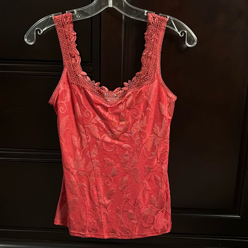 Fitted Pink Top with Lace Neckline